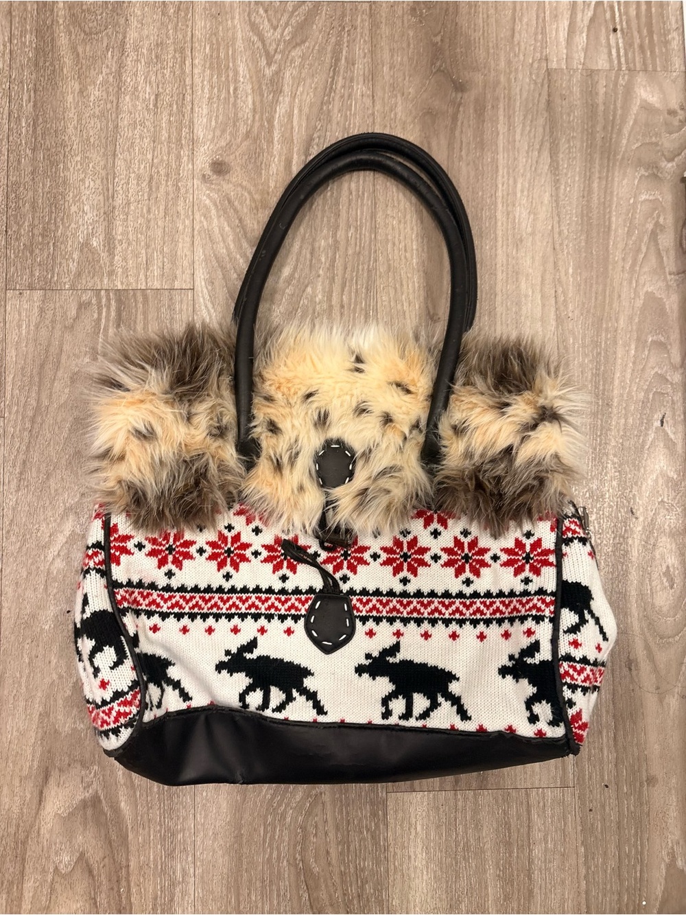 Y2K Nordic Moose Knit Tote Bag with Faux Fur Trim - Black/White/Red